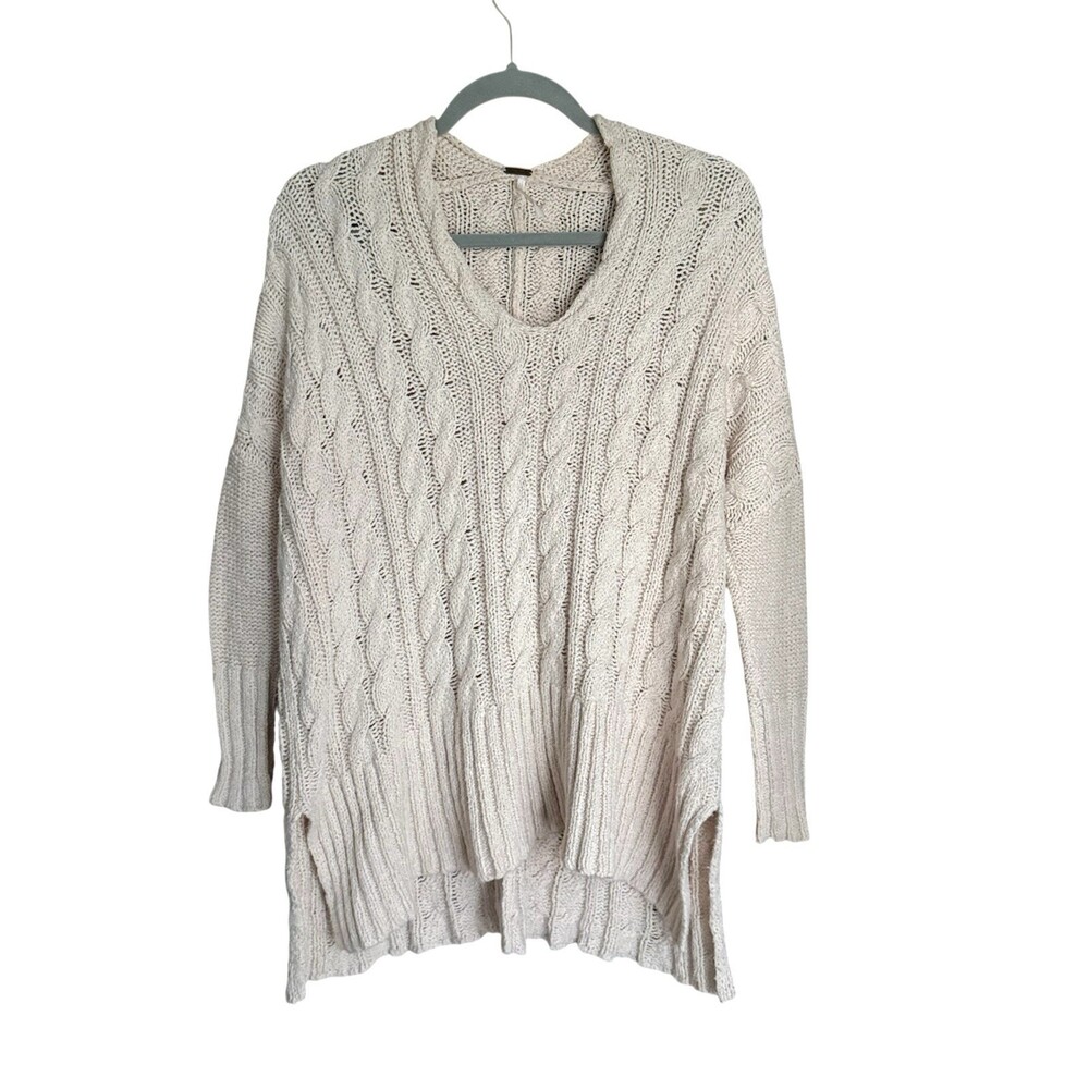 Free People Peach Cable Knit Cotton Sweater XS Chunky Fisherman High Low Boho